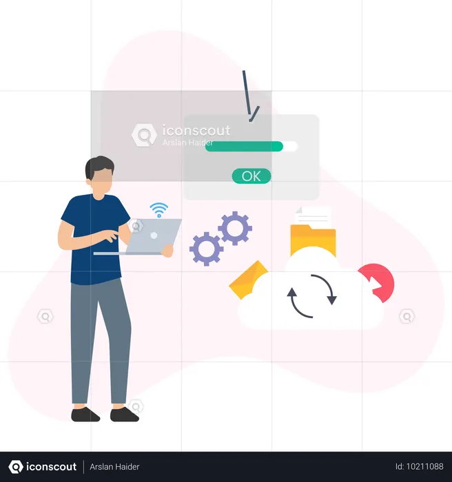 Man uploading data to cloud  Illustration