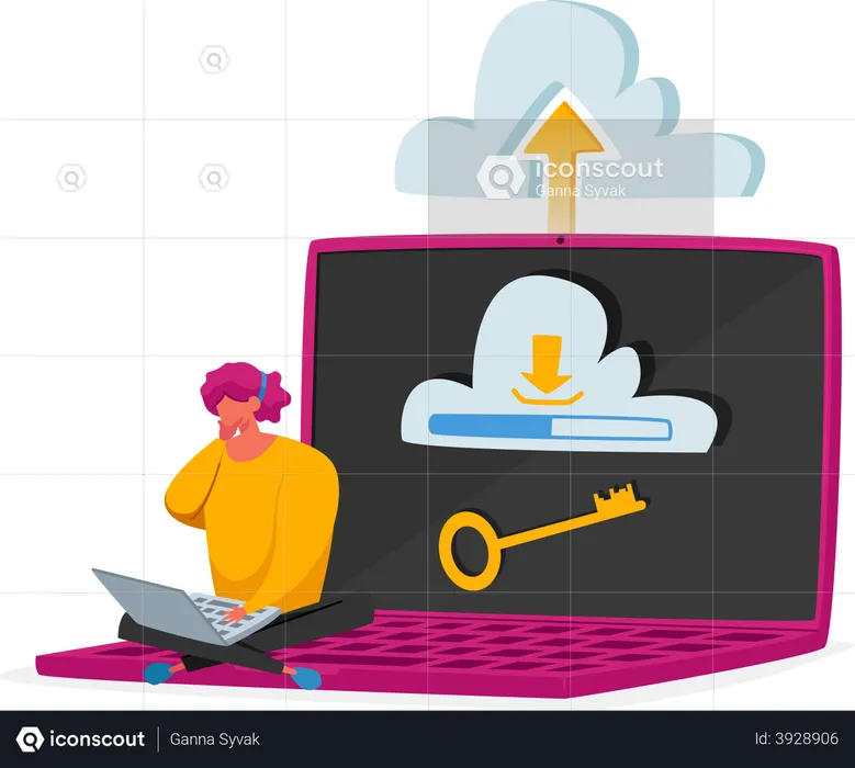 Man uploading data to secure cloud storage  Illustration