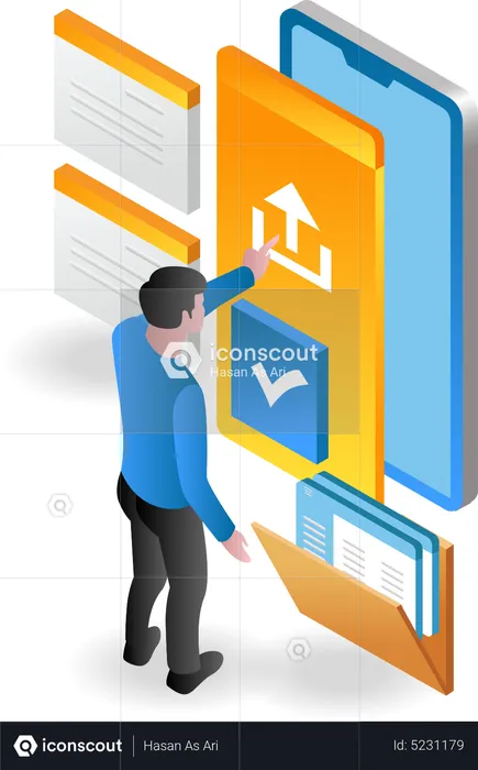 Man uploading data with smartphone  Illustration