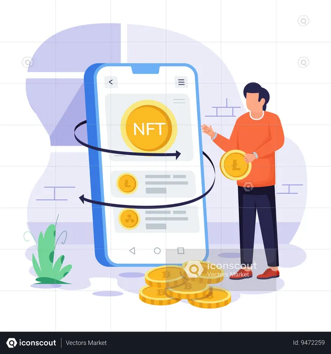 Homem usa aplicativo NFT  Ilustração
