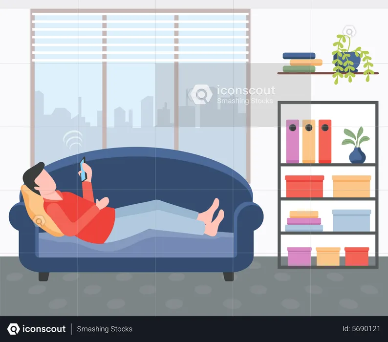Man use phone while lying on couch  Illustration
