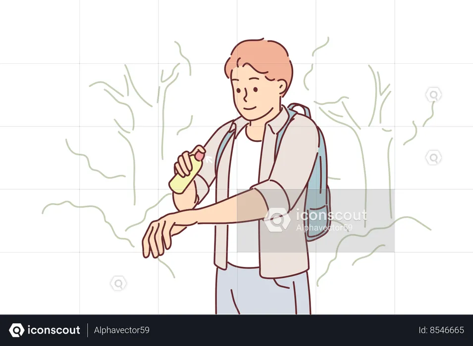 Man uses anti-mosquito spray while walking in forest or natural park in summer weather  Illustration