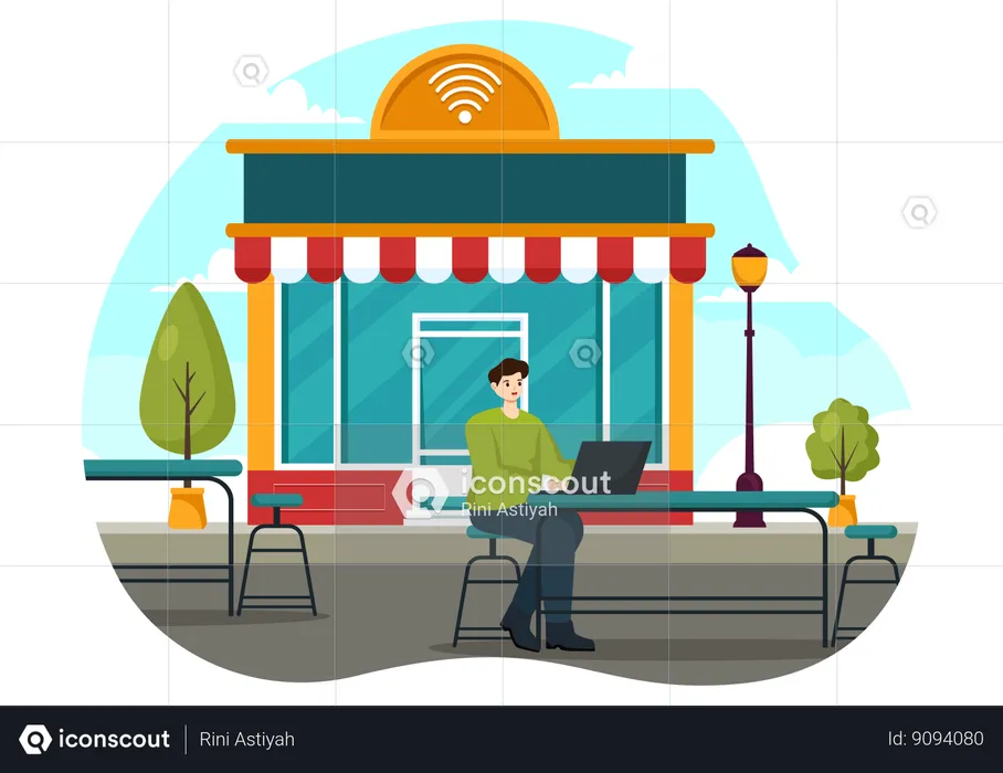 Man uses cafe wireless network  Illustration
