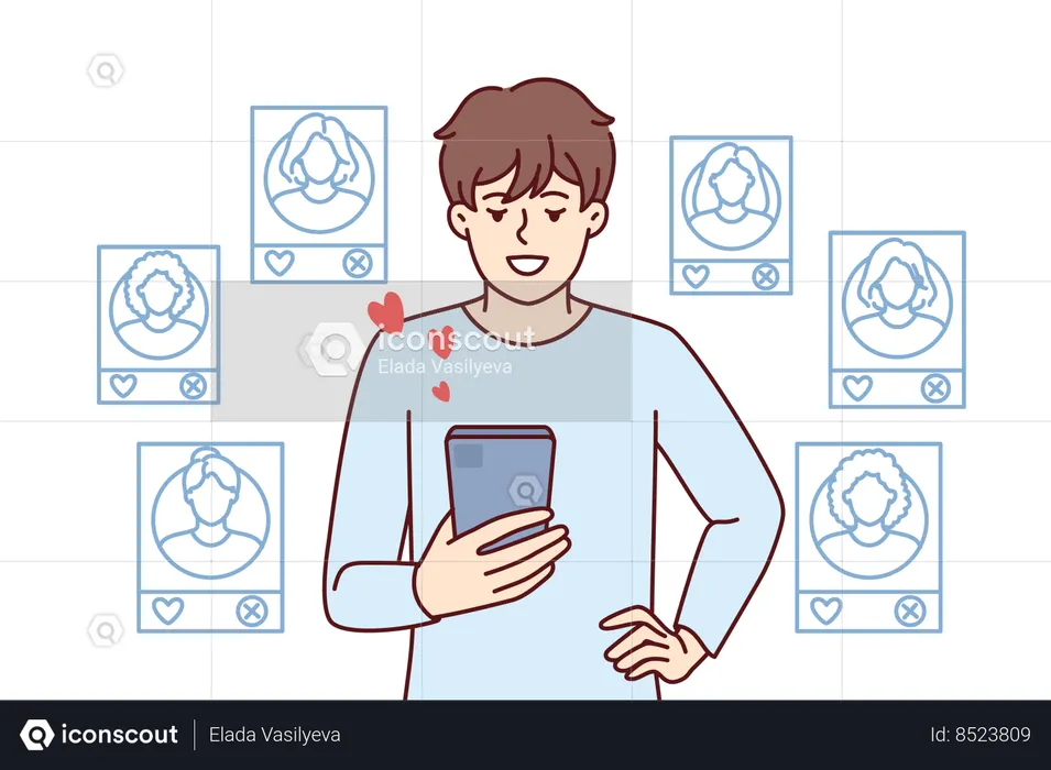 Man uses dating applications on mobile  Illustration