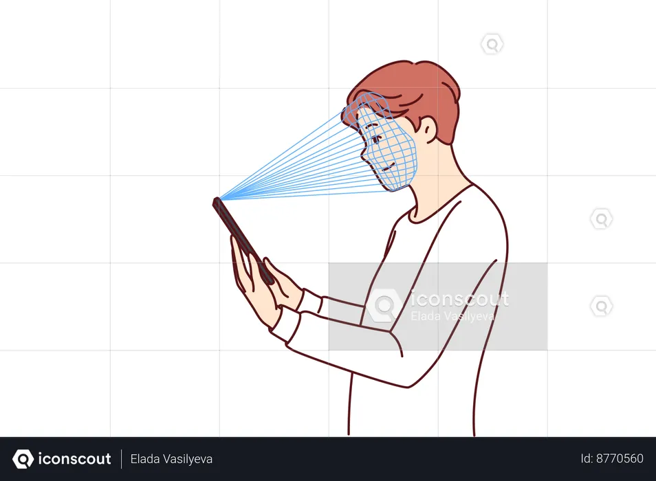 Man uses facial recognition system while logging into account  Illustration