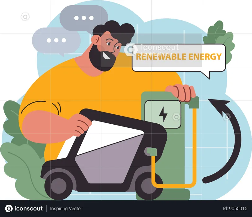 Man uses green energy in electric car  Illustration