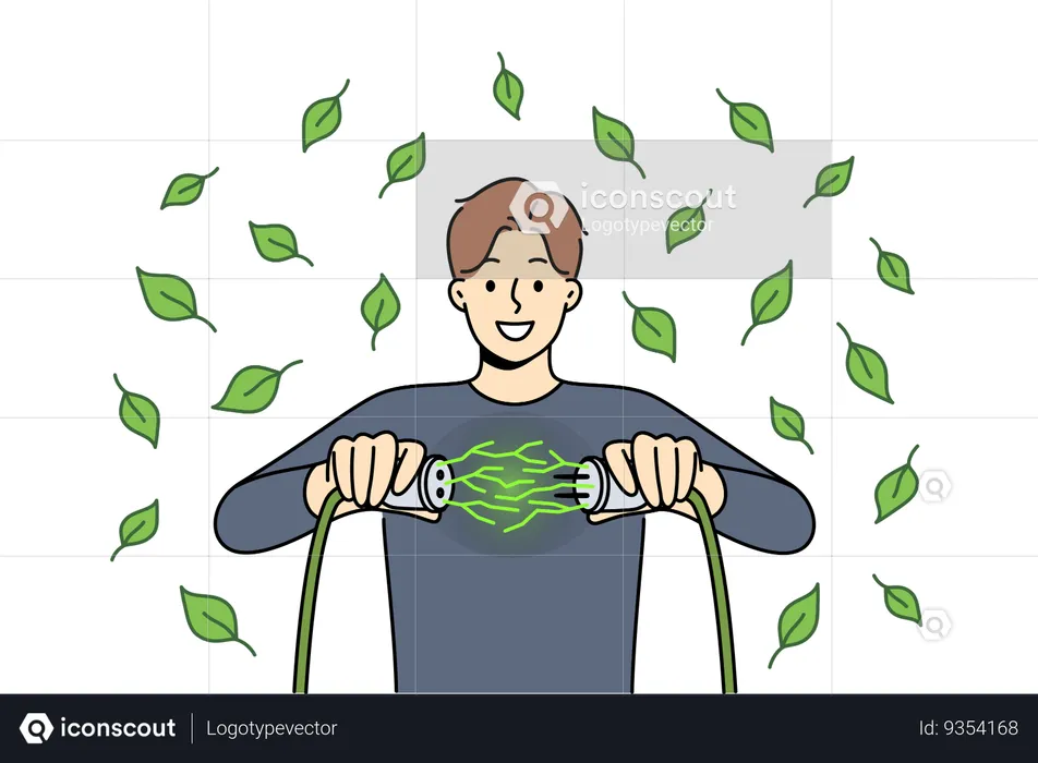 Man uses green energy obtained from environmentally friendly sources and connects two wires  Illustration