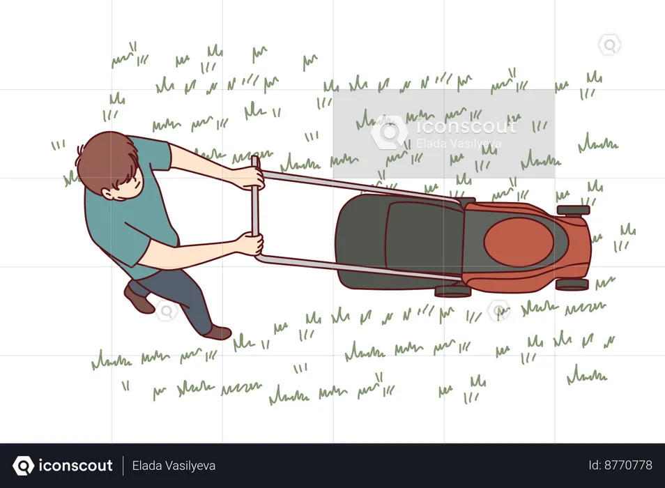 Man uses lawn mower to cut grass  Illustration