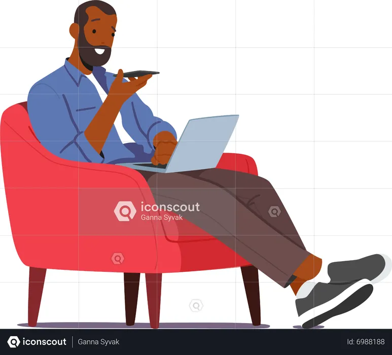 Man Using Chat Bot Service On His Smartphone And Laptop While Sitting On An Armchair  Illustration