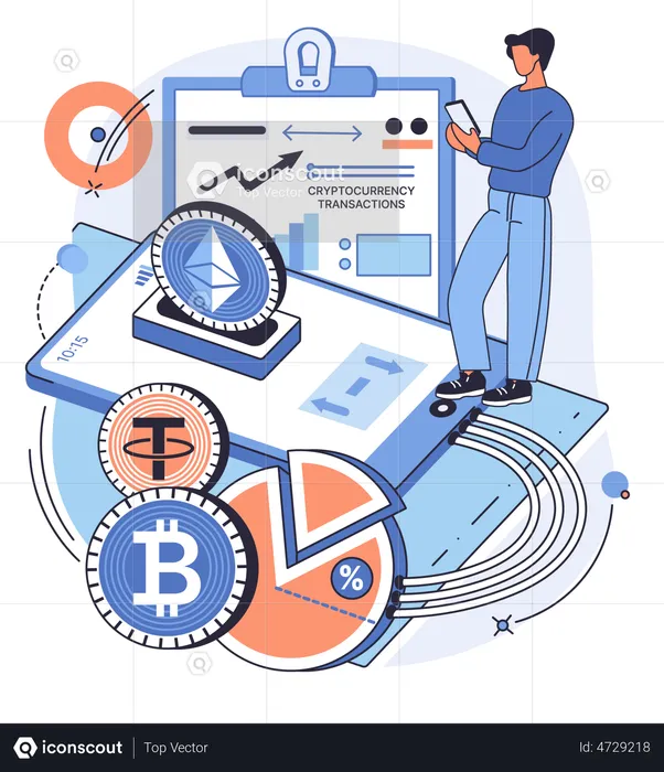 Man using cryptocurrency mobile exchange  Illustration
