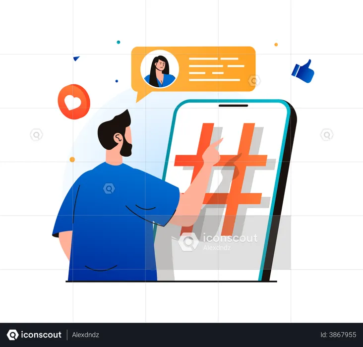 Man using hashtag to promote profile  Illustration