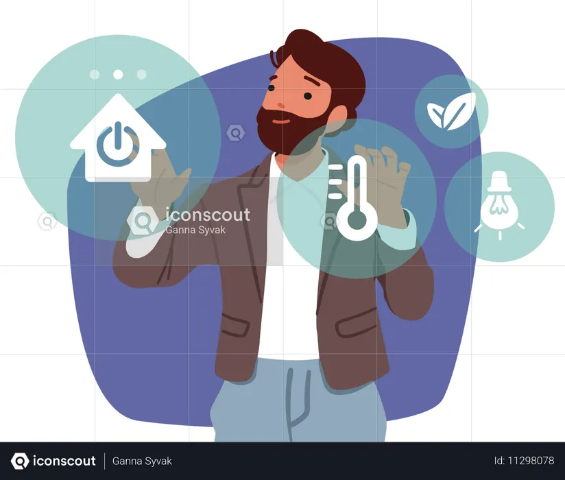 Man using iot equipment virtual panel with smart home artificial intelligence assistance  Illustration