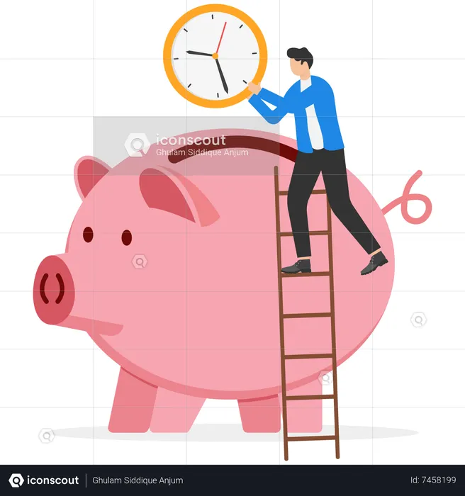 Man using ladder to climb and holding big clock or watch put into pink saving piggy bank  Illustration