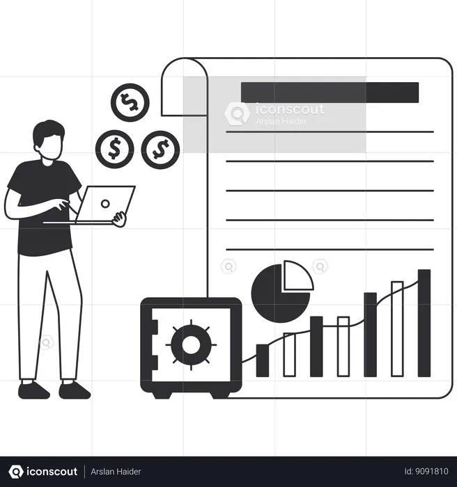 Man using laptop doing Net Income Calculating  Illustration