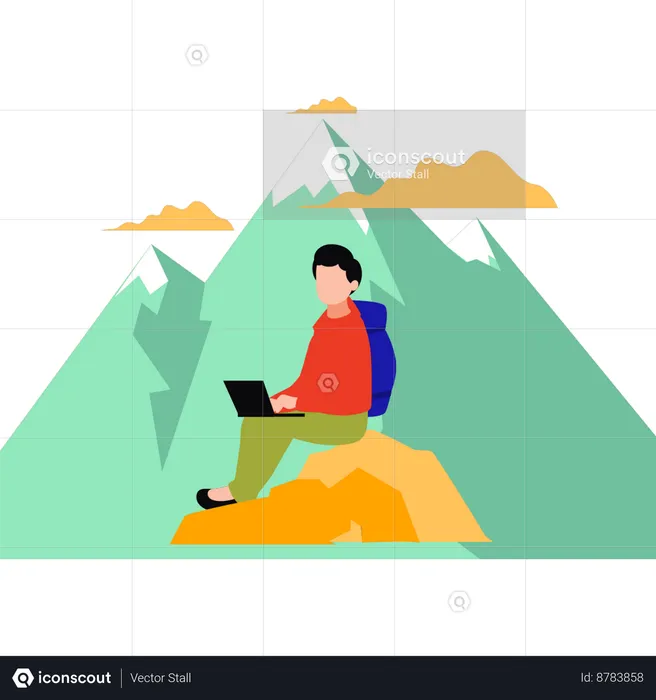 Man Using Laptop In Outdoor  Illustration