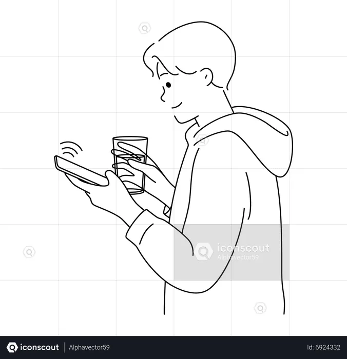 Man using mobile and holding water glass  Illustration