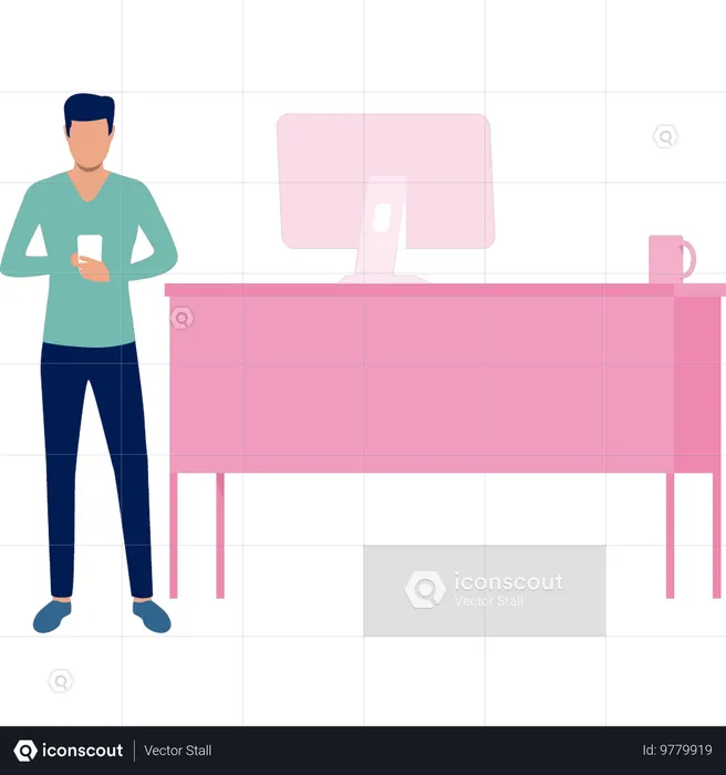 Man using mobile at workstation table  Illustration