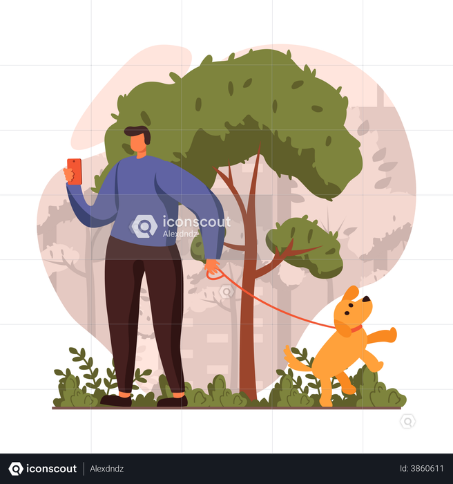 Man using mobile instead of paying attention to dog Illustration