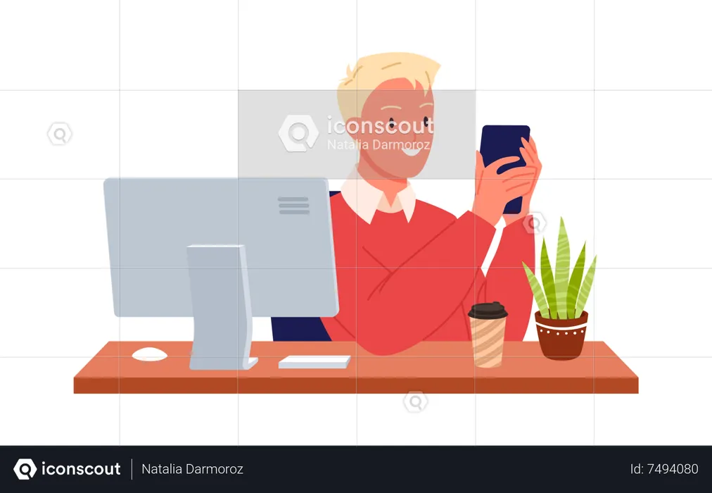 Man using mobile on desk  Illustration