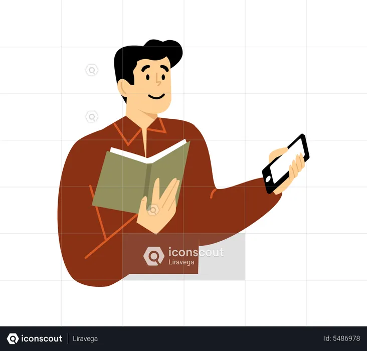 Man using mobile while reading book  Illustration