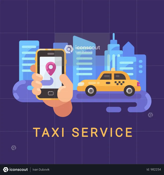 Man Using Online Cab Booking Service Application In Smartphone  Illustration