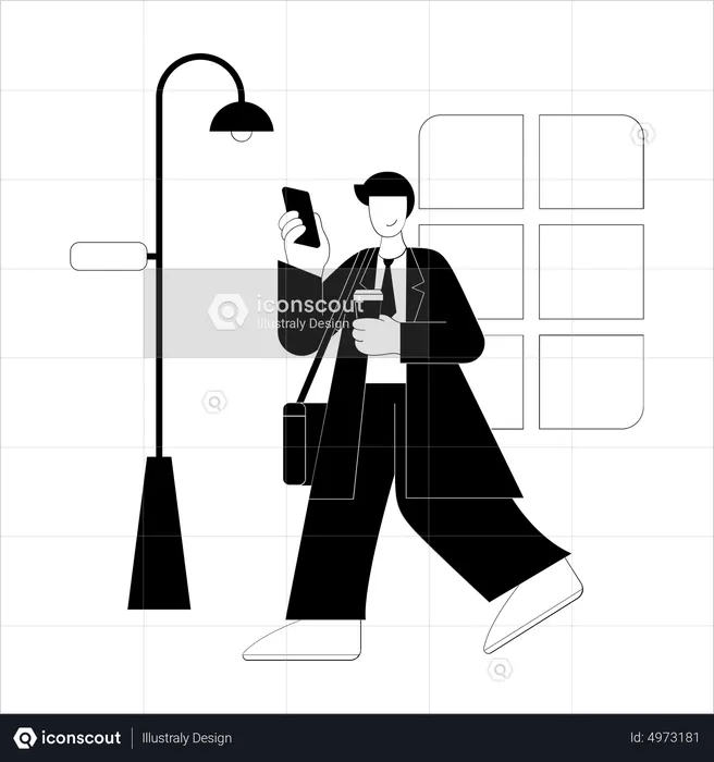 Man using phone while holding coffee  Illustration