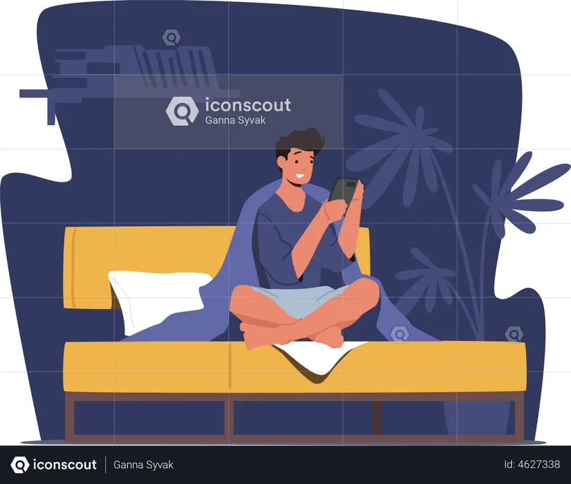 Man using phone while sitting on bed  Illustration