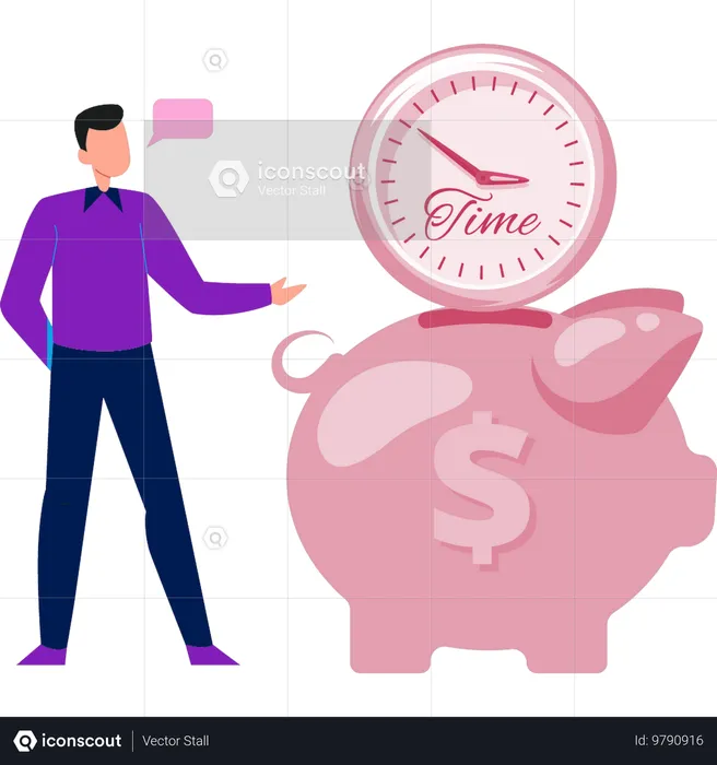 Man using piggy bank to save the time  Illustration