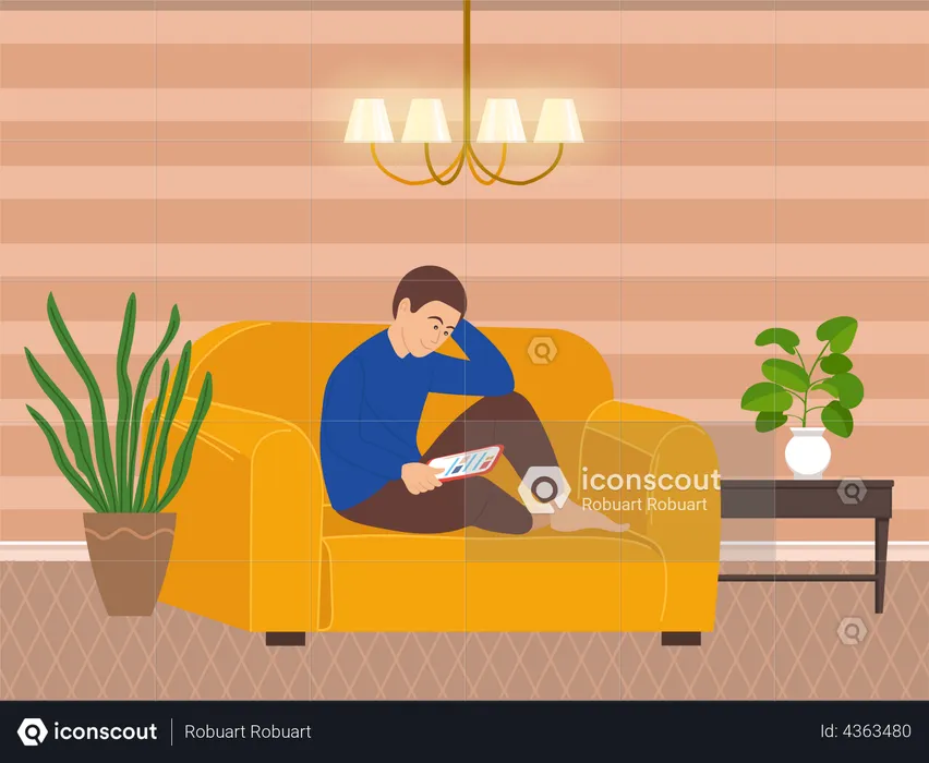 Man using smartphone while sitting on couch  Illustration