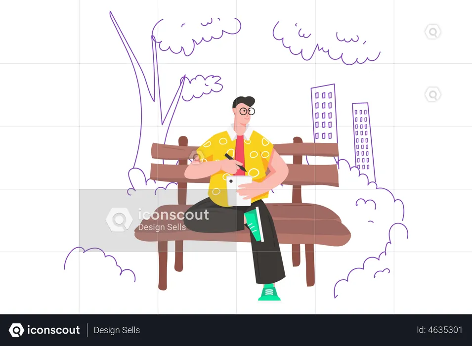 Man using tablet in park  Illustration