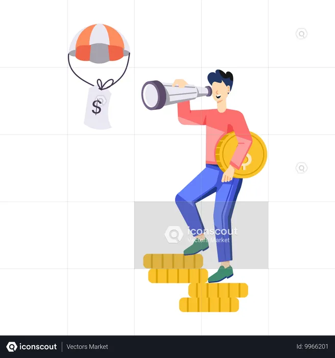 Man using telescope looking Financial Forecast  Illustration