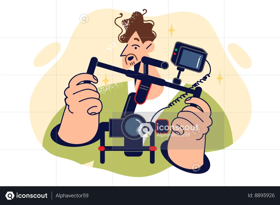 Man videographer holds camera mounted on stabilizer to shoot video  Illustration