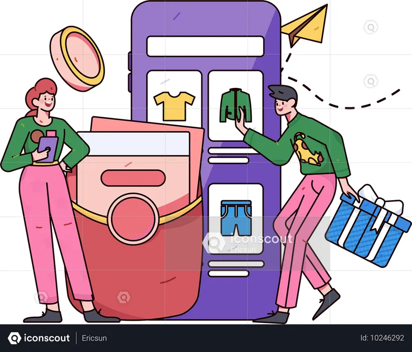 Man viewing different clothes on shopping website  Illustration