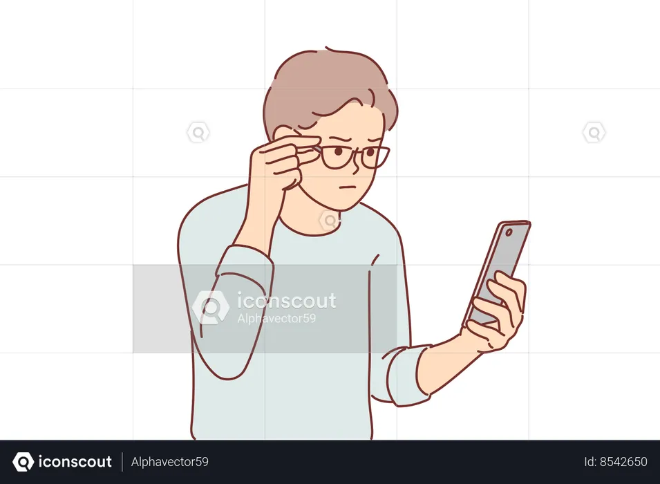 Man vision problems and reads SMS message on phone  Illustration