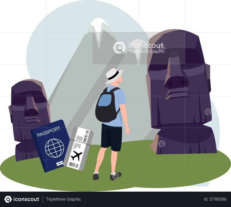 Man visiting Moai for esater island  Illustration