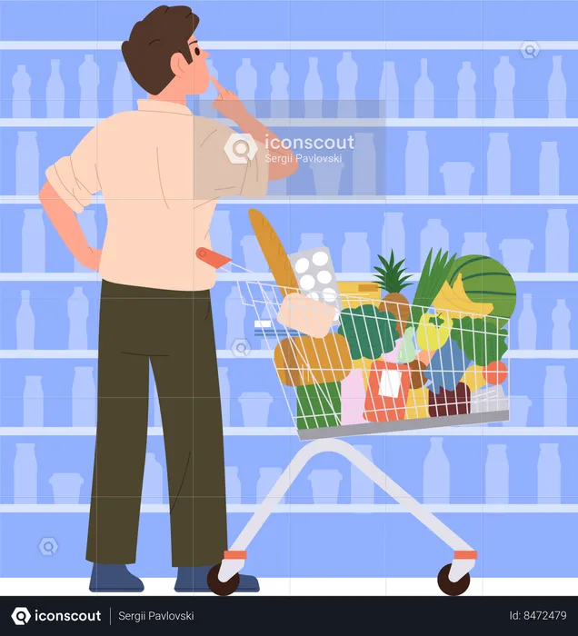 Man visiting supermarket doing shopping at dairy store department  Illustration