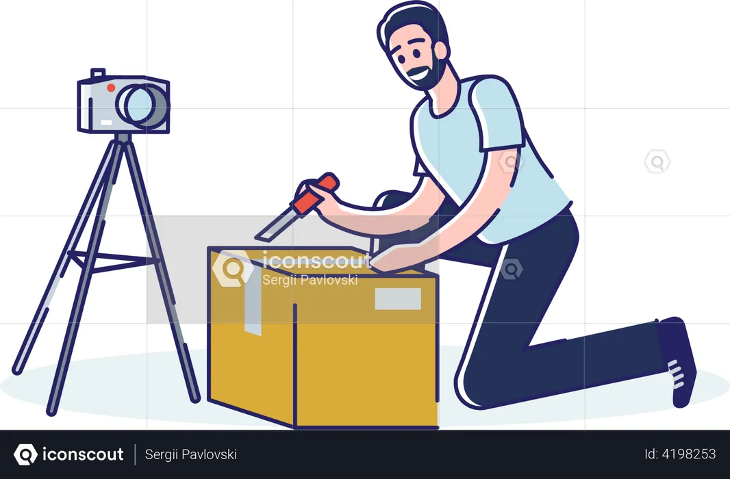 Man vlogger recording video of unboxing Package  Illustration