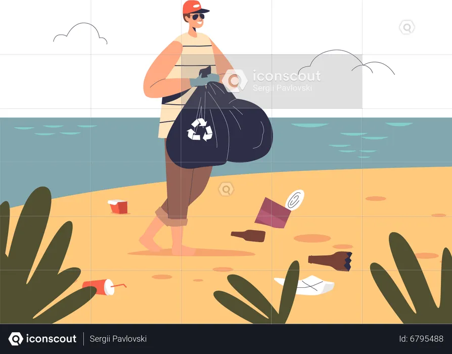 Man volunteer hold bag with garbage after cleaning beach  Illustration