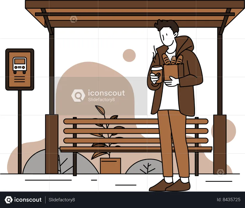 Man Waiting at bus stand while having coffee  Illustration
