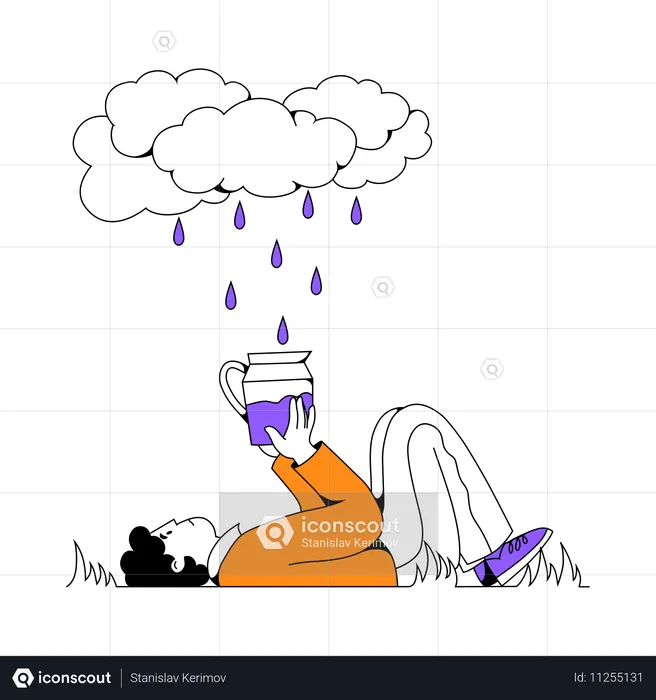 Man waits for rain to fill carafe  Illustration