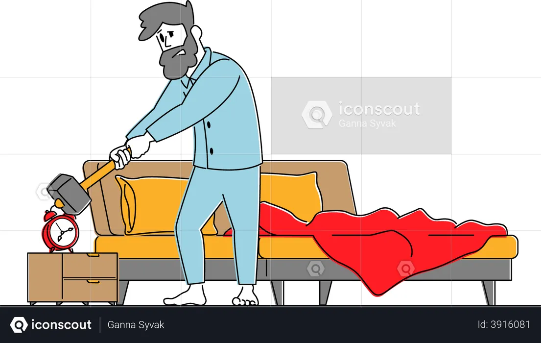 Man Waking Up at Morning with Anger Hitting Alarm Clock with Hammer  Illustration