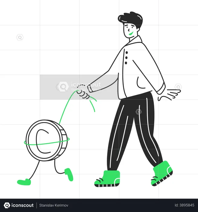 Man walking around with a coin  Illustration