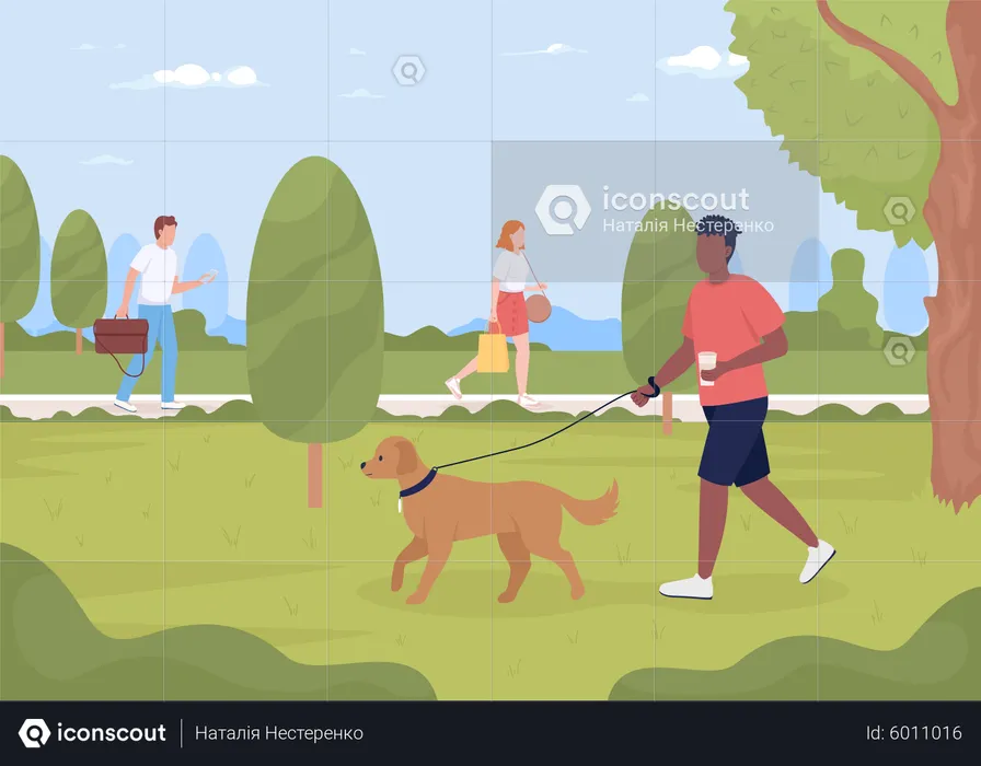 Man walking dog in summer park  Illustration