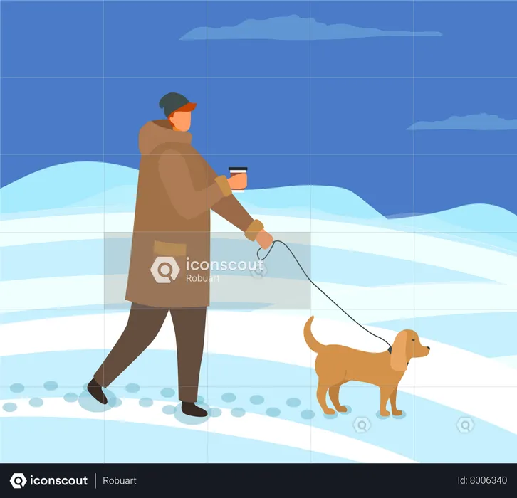 Man Walking Dog in Winter Evening Outside  Illustration