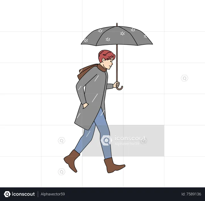 Man walking in rain with umbrella  Illustration