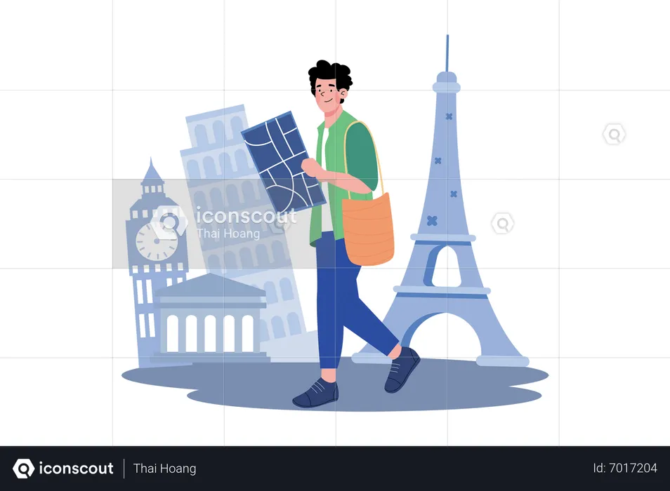 Man walking to explore places in the city  Illustration