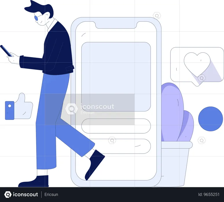 Man walking while looking social media comment using mobile  Illustration