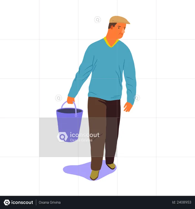 Man walking with bucket in his hand  Illustration
