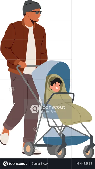 Man Walking With Child in Carriage  Illustration