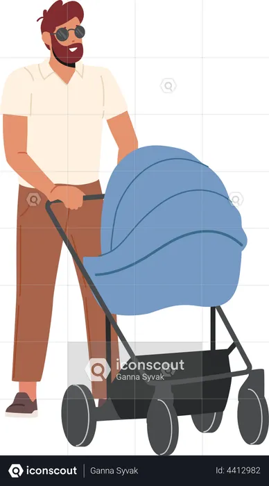 Man walking with child in stroller  Illustration